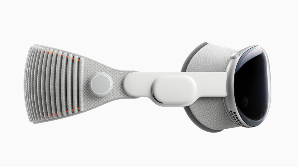 side view of vision pro device from apple, with visor on the right, headband on the left.