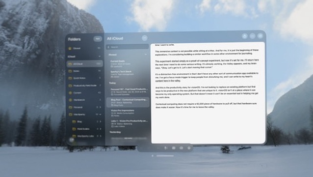A wide screen image showing Apple's Notes app with all panes open, against a virtual Yosemite Valley background. This is viewed through a Vision Pro device. 