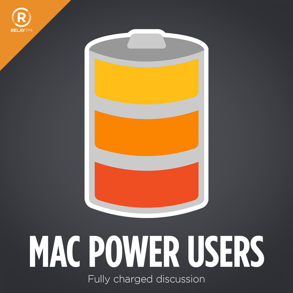 The new Mac Power Users logo, a vertical battery with three wide bands, yellow, orange and red, from top to bottom. The title of the show is in white letters at the bottom, with the tagline "Fully Charged discussion."

The Relay FM logo is visible in the top left corner, in a triangle shape.