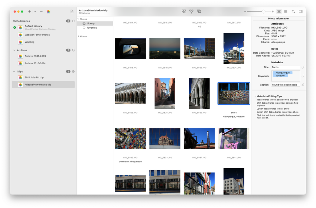 Screenshot of PowerPhotos 3.0 showing batch metadata editing features for a photo titled "Burt’s" with keywords “Albuquerque” and “Vacation.”