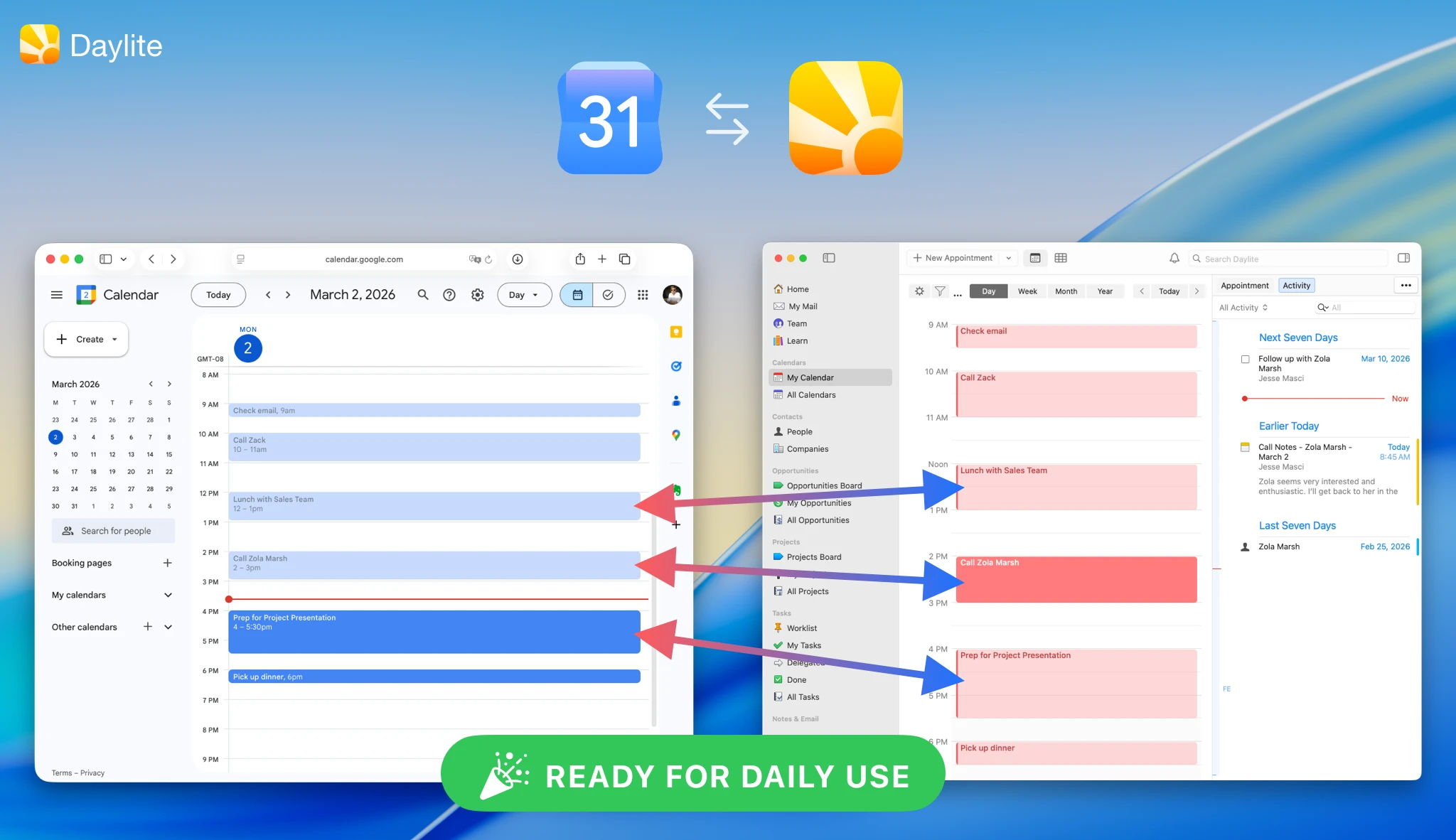 Google Calendar and Daylite calendars syncing appointments in both directions