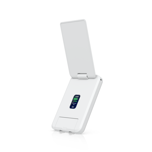 UniFi Travel Router Long-Range with its foldable antenna raised