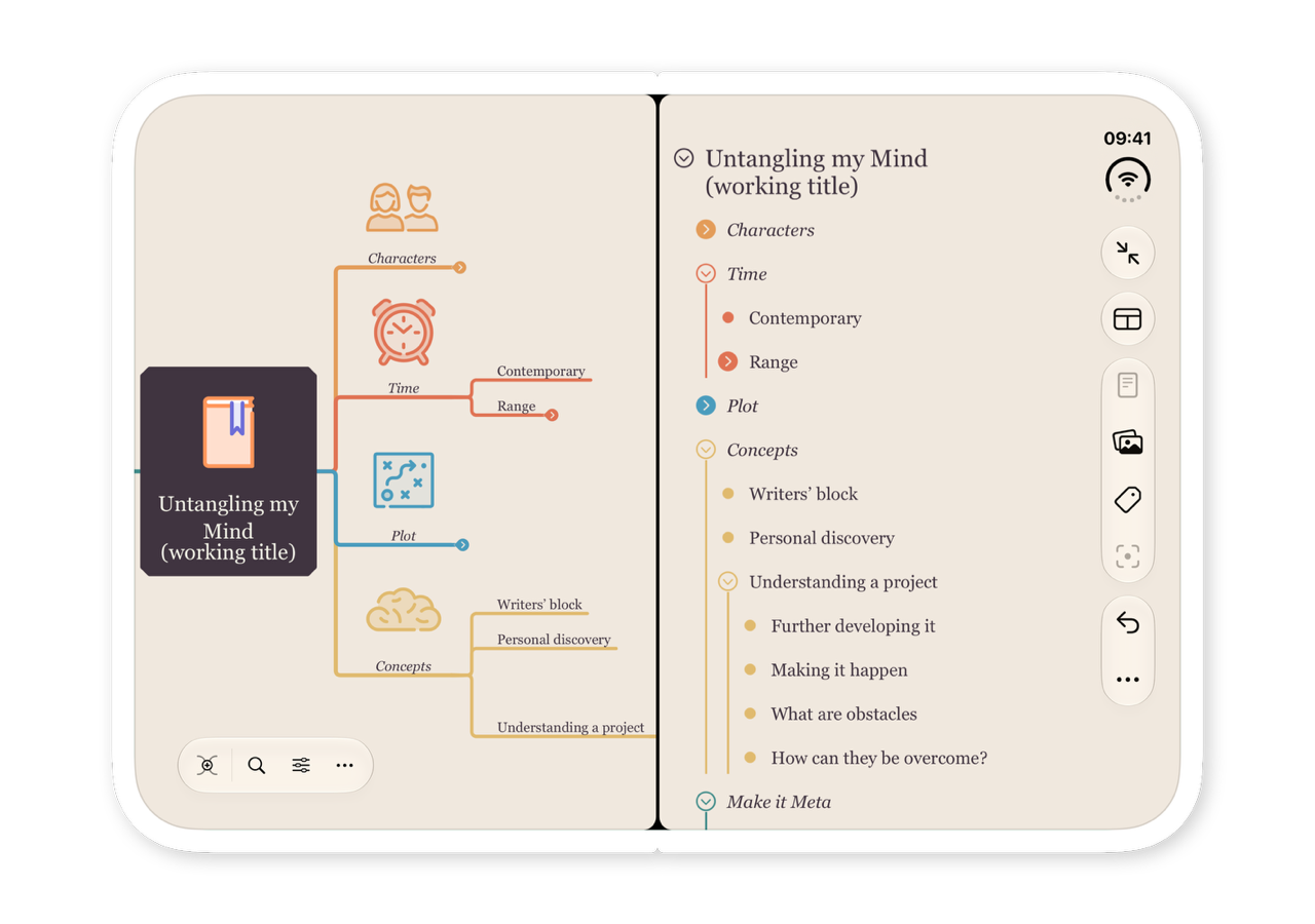 MindNode showing a mind map and outline side by side on the unfolded iPhone Duo.
