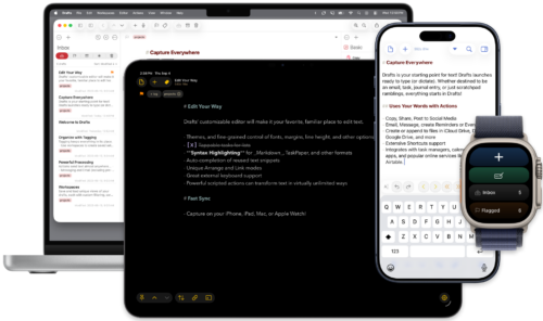 Drafts running on a Mac, iPad, iPhone, and Apple Watch.